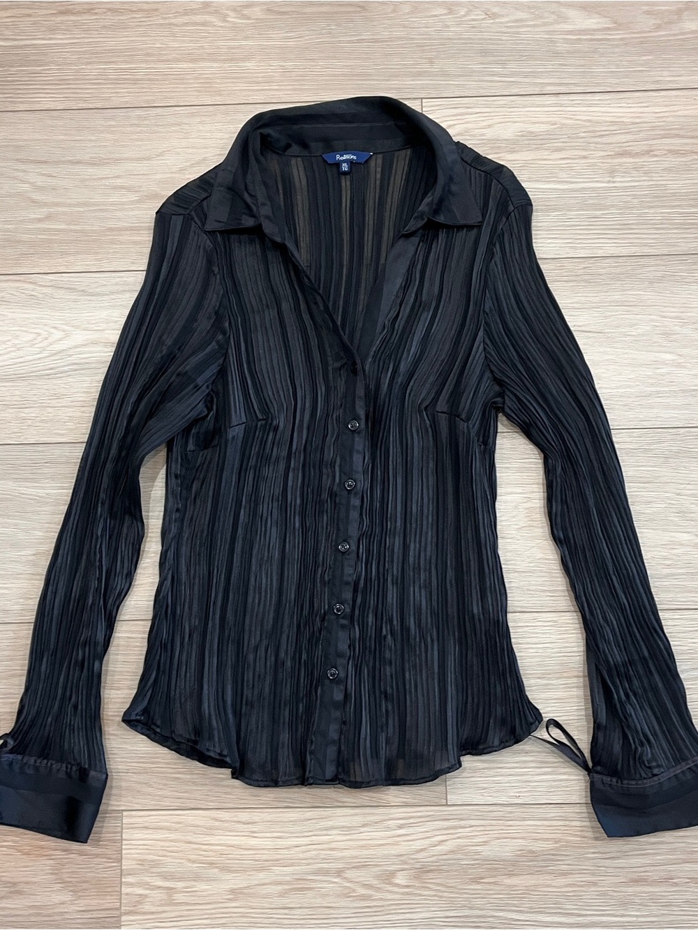 Reitmans Y2K Black Sheer Striped Button Up Blouse Tie Cuffs Size M Old Money